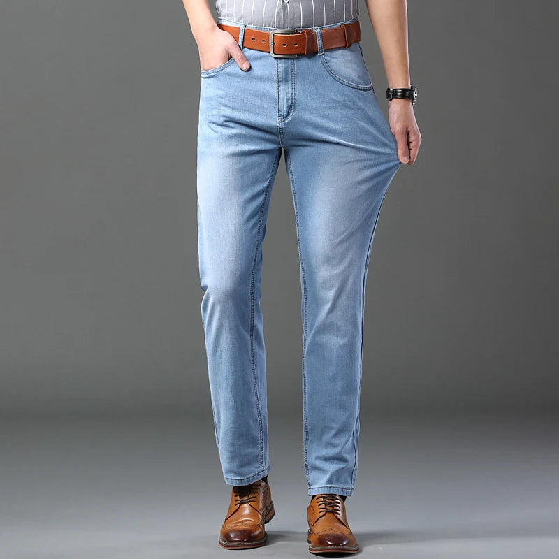 Men's Thin Jeans 2025 Summer New Style Business Casual Slim Fit Elastic Classic Style Trousers Sky Blue Pants Male size 28-40