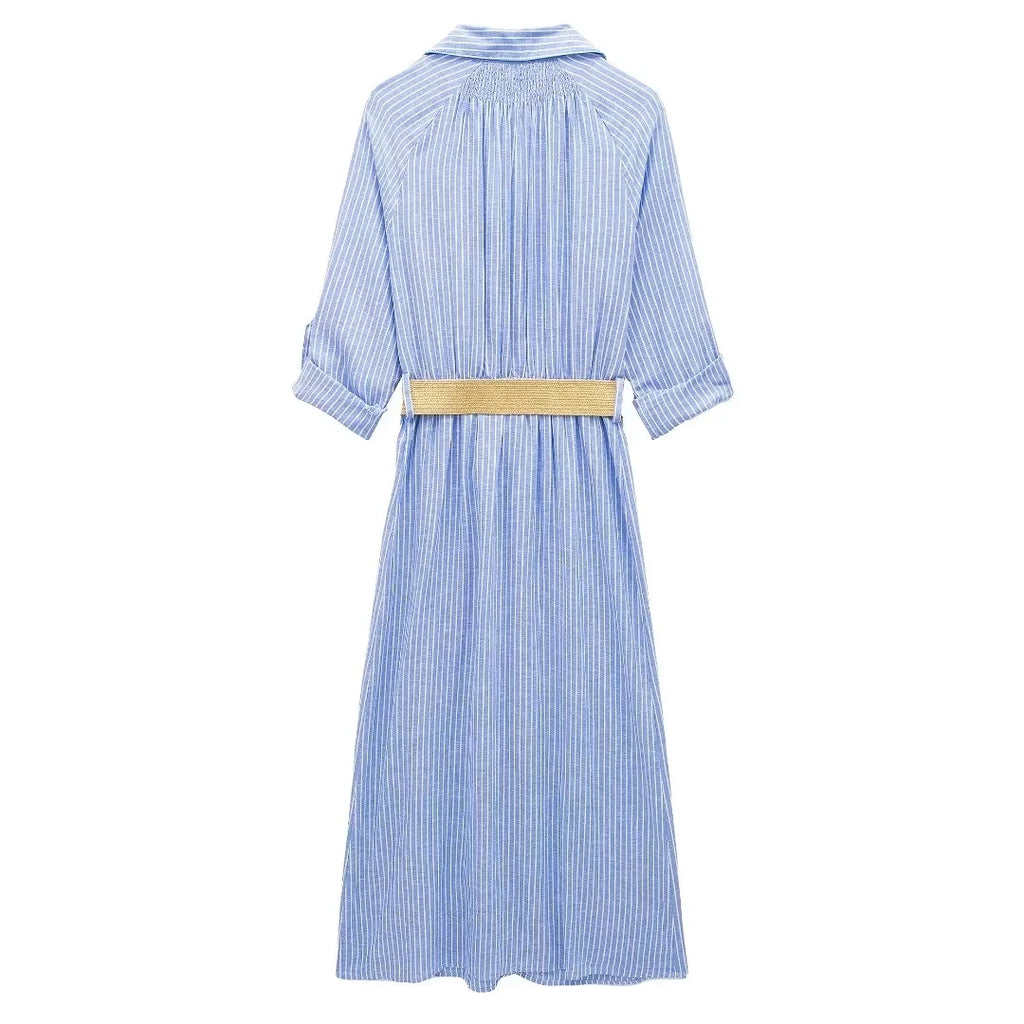 TRAFZA 2024 Striped Shirt Dress Women Belt Pleated Midi Dresses for Women Turn Up Sleeve Beach Women Summer Long Dress Vestidos