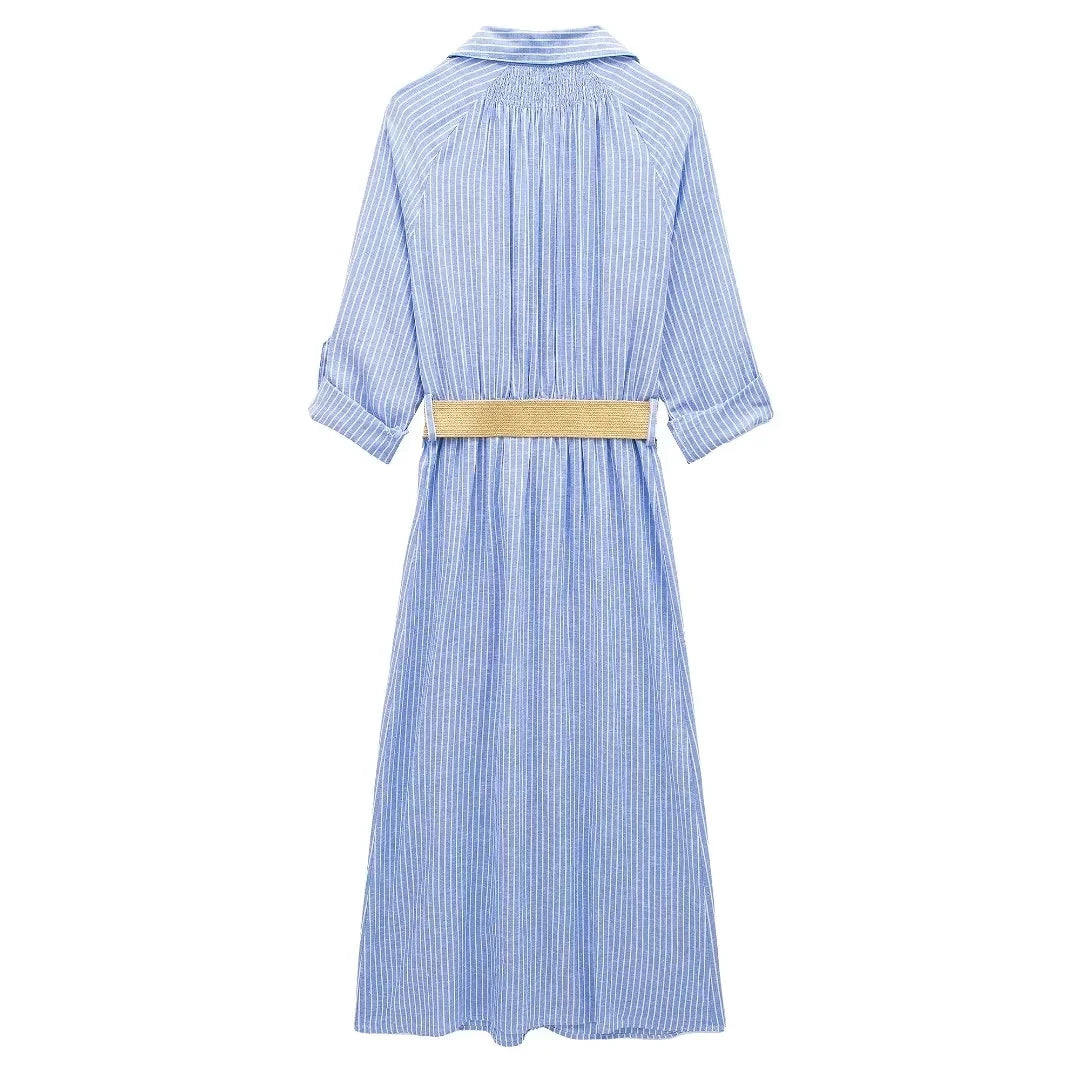 TRAFZA 2024 Striped Shirt Dress Women Belt Pleated Midi Dresses for Women Turn Up Sleeve Beach Women Summer Long Dress Vestidos