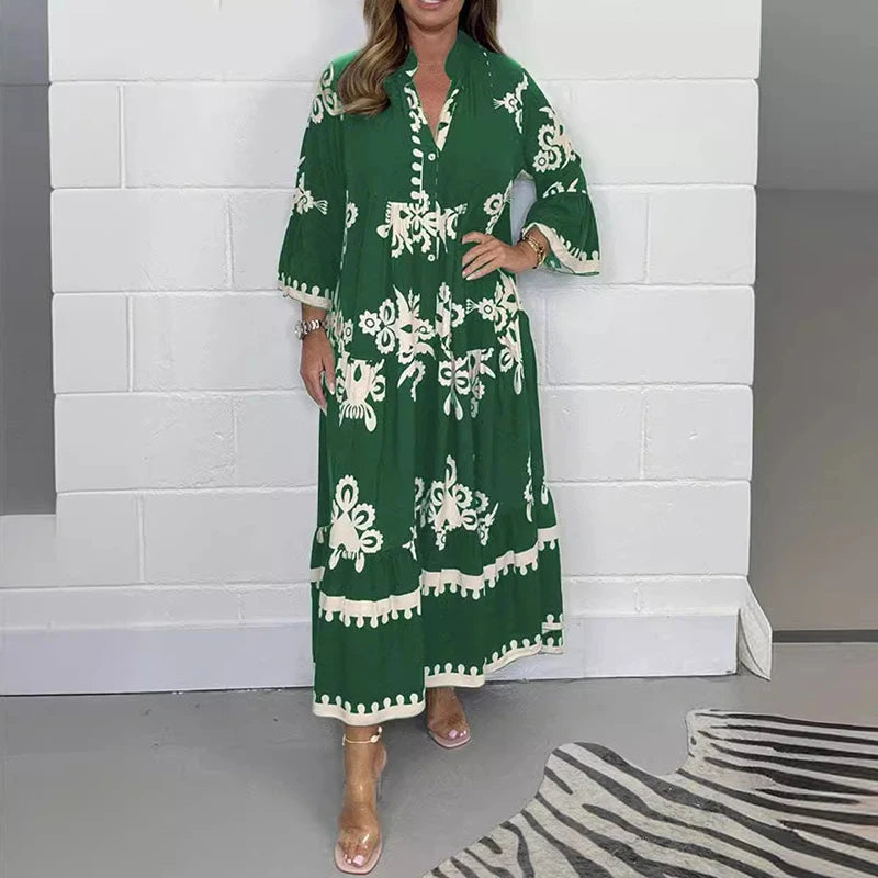 Vestidos Women's Printed Loose Ethnic Retro Dress Spring V Neck Button A-Line Long Dress Summer 3/4 Sleeve Bohemian Maxi Dresses