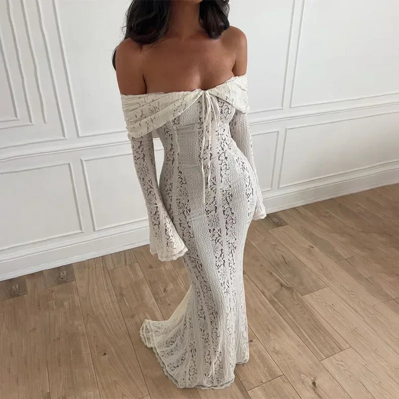 Sexy Women Hollow Out Slash Neck Lace Flared Sleeve Long Dress Elegant Laced Up Slim Fit Robes New Lady Evening Party Vestidos