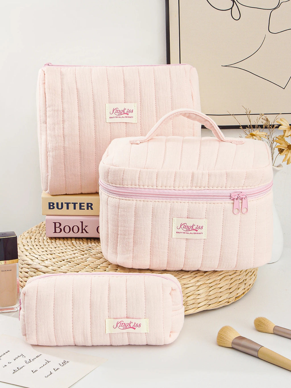 1pc/set pink quilted makeup bag, multifunctional makeup bag, handheld makeup bag, portable makeup bag set with zipper