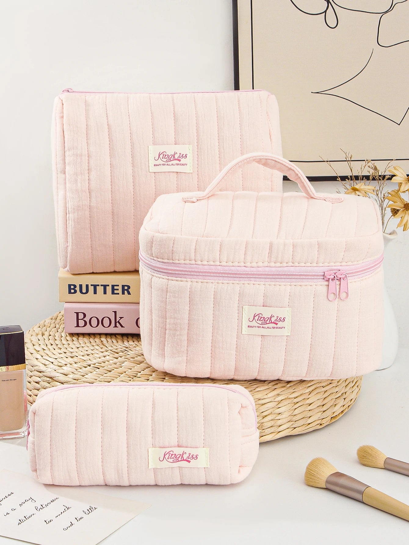 1pc/set pink quilted makeup bag, multifunctional makeup bag, handheld makeup bag, portable makeup bag set with zipper
