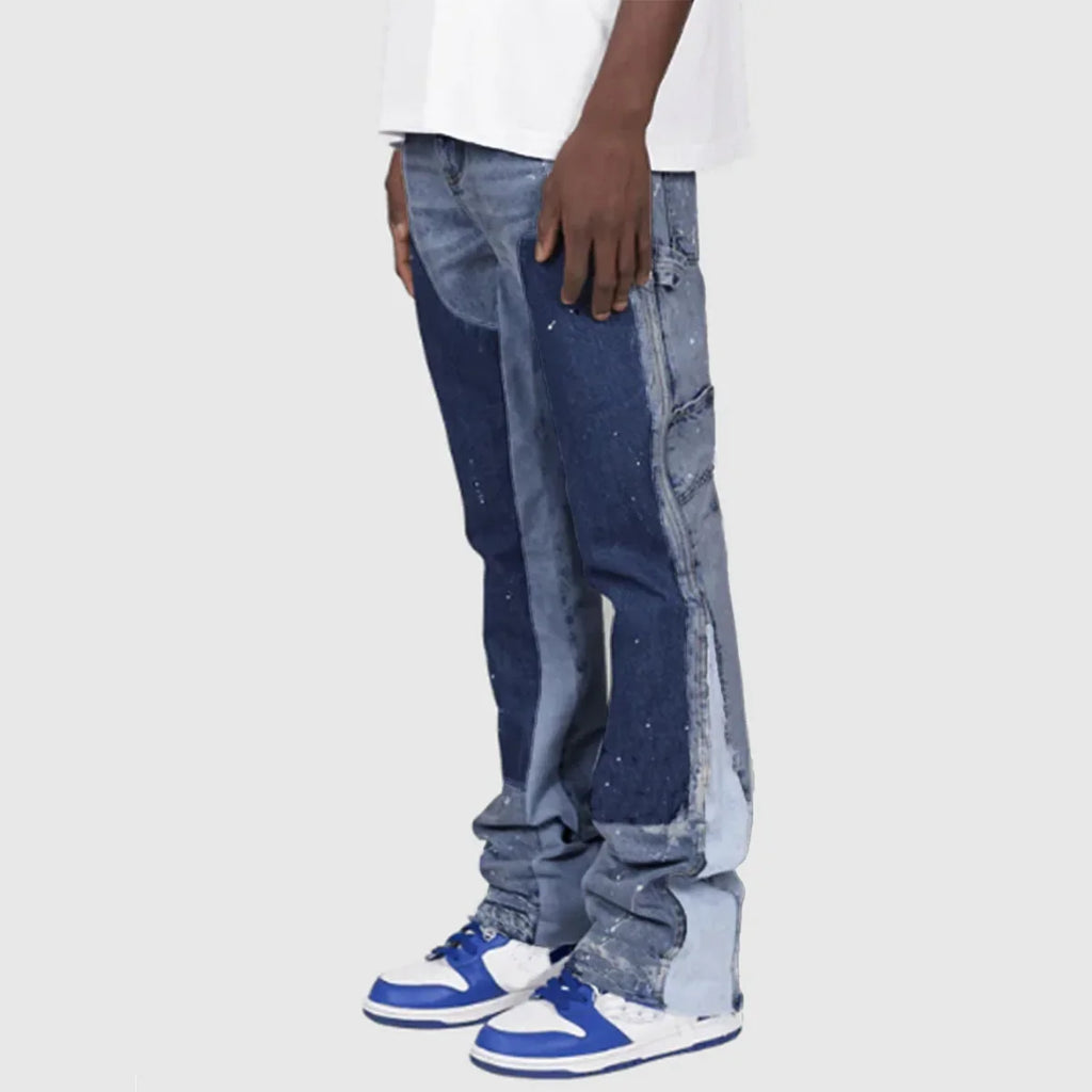 Pantalons de travail en jean pour hommes, vêtements de travail européens et américains, pantalons évasés en denim patchwork élastique superposé, tailles S à XXL
