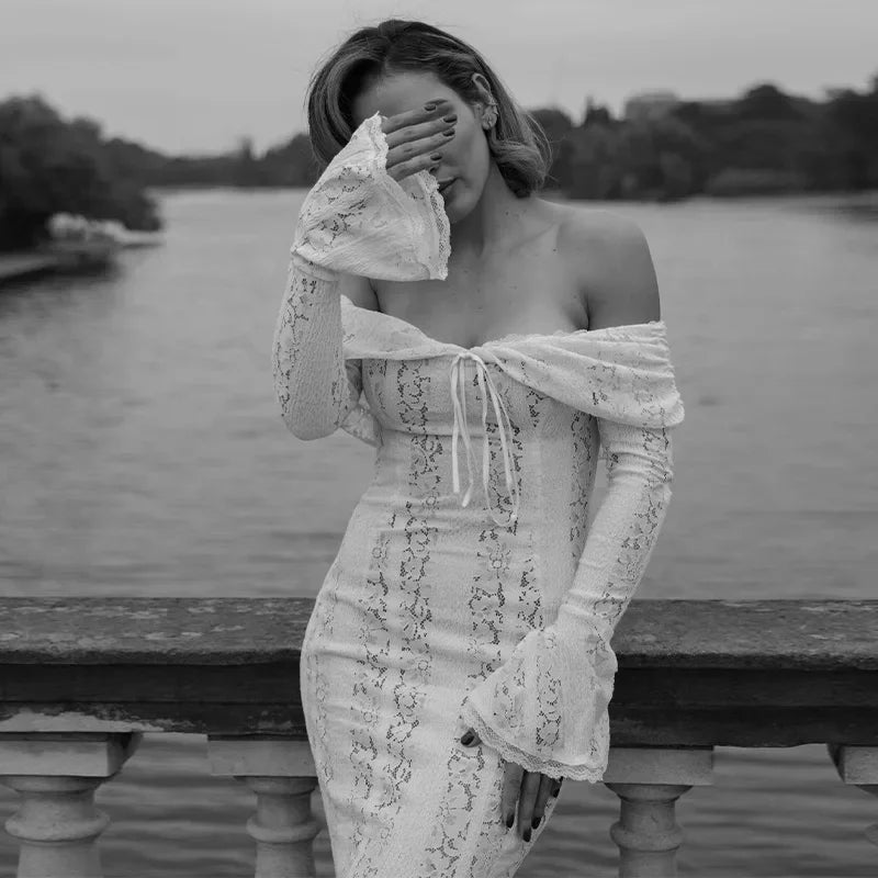 Sexy Women Hollow Out Slash Neck Lace Flared Sleeve Long Dress Elegant Laced Up Slim Fit Robes New Lady Evening Party Vestidos