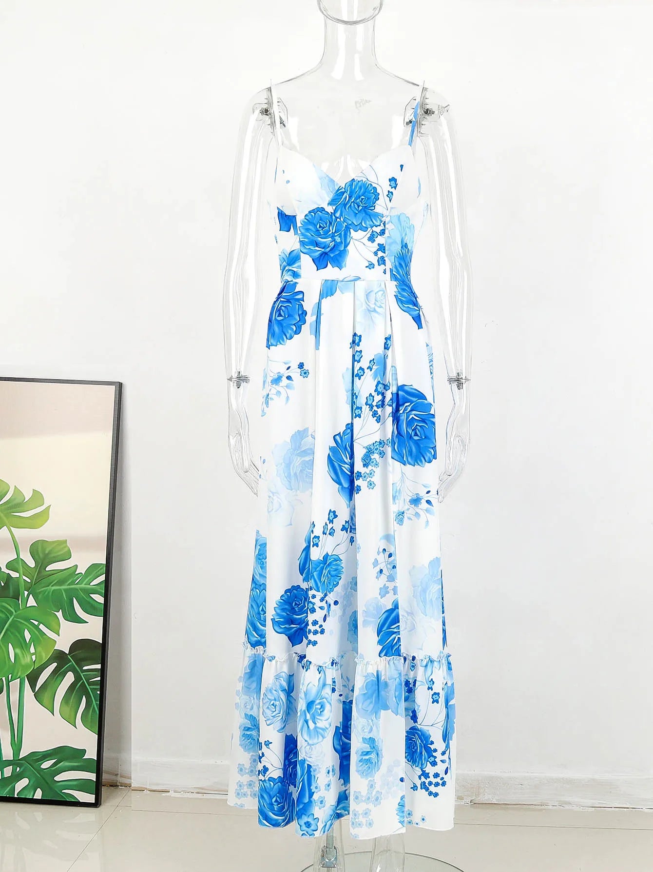2024 Summer Print Long Dress Women Clothing Lace Up Sling Party Dresses Pattern Strappy Ladies Hollow Out V-Neck Beach Vestidos