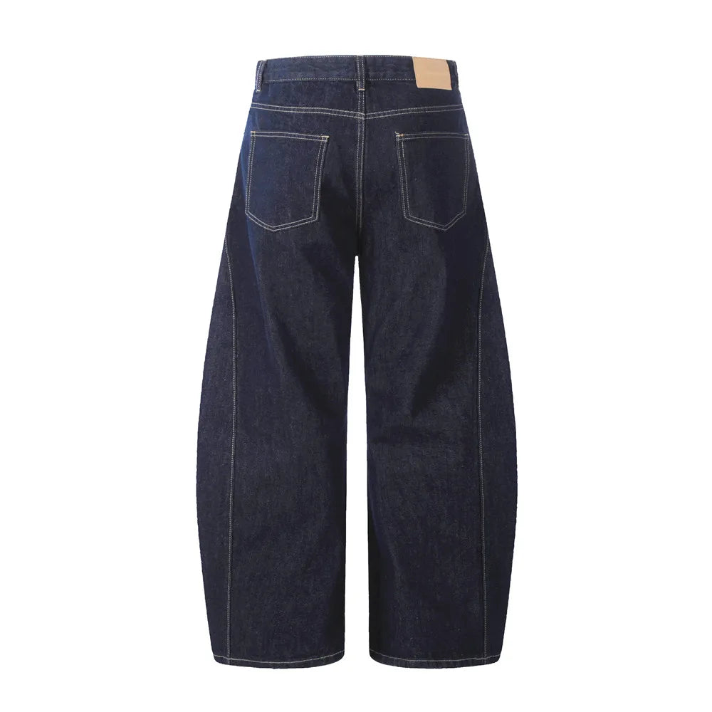 Washed Dark Jeans Men Top Stitch Retro High Street Loose Wide leg Scimitar Denim Pants Men Trousers