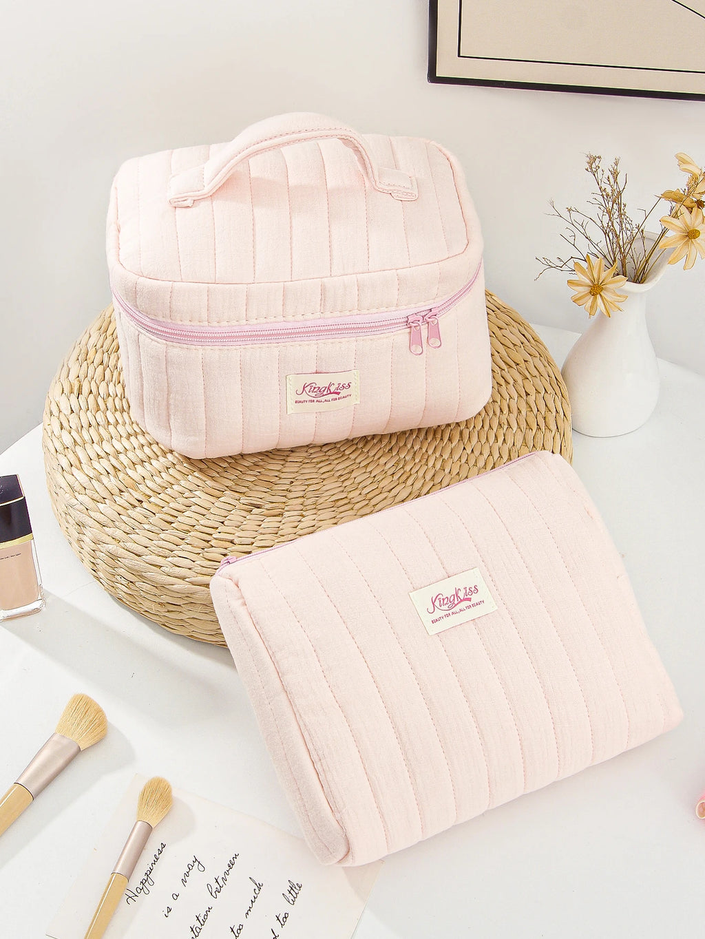 1pc/set pink quilted makeup bag, multifunctional makeup bag, handheld makeup bag, portable makeup bag set with zipper