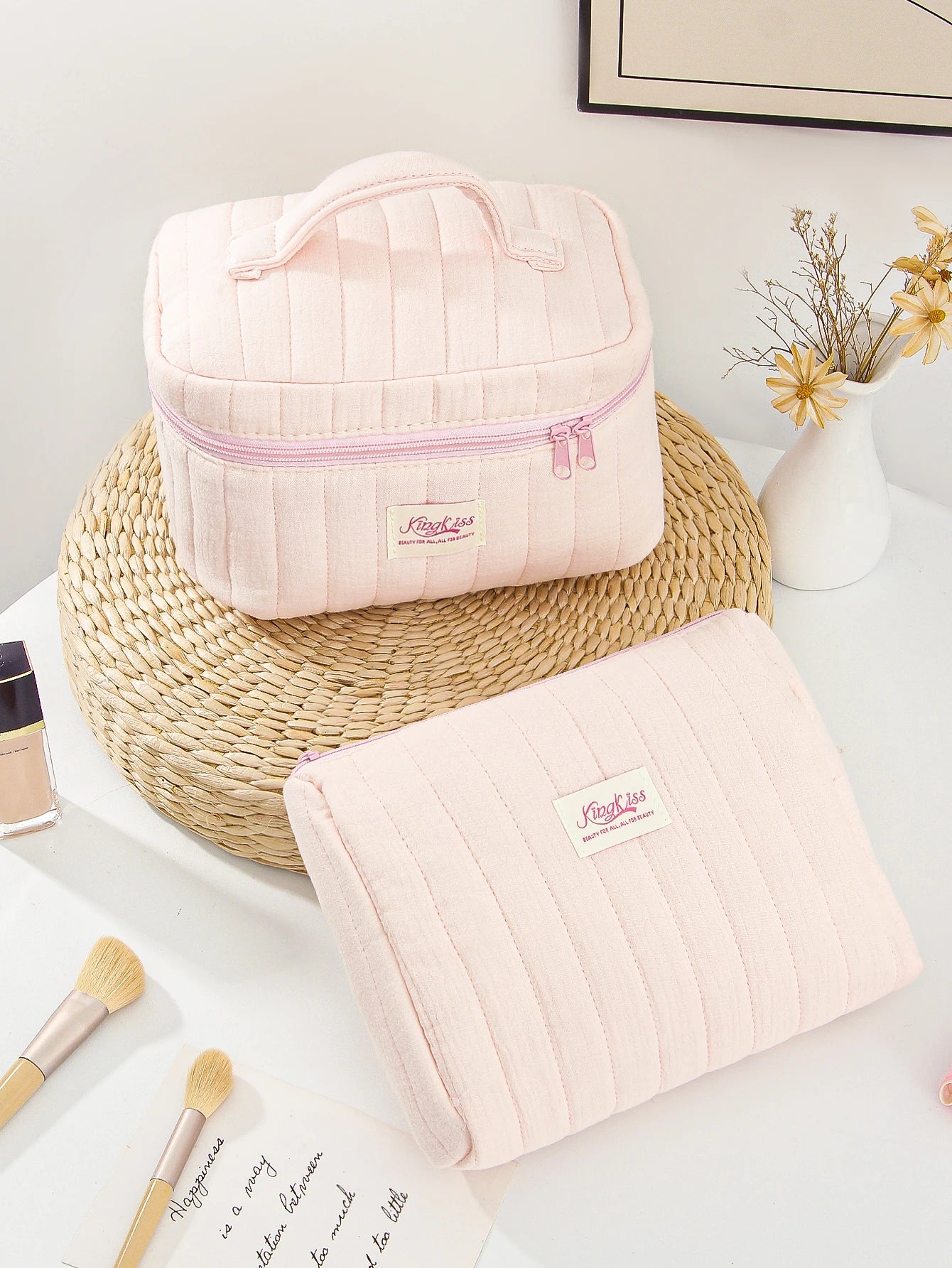 1pc/set pink quilted makeup bag, multifunctional makeup bag, handheld makeup bag, portable makeup bag set with zipper