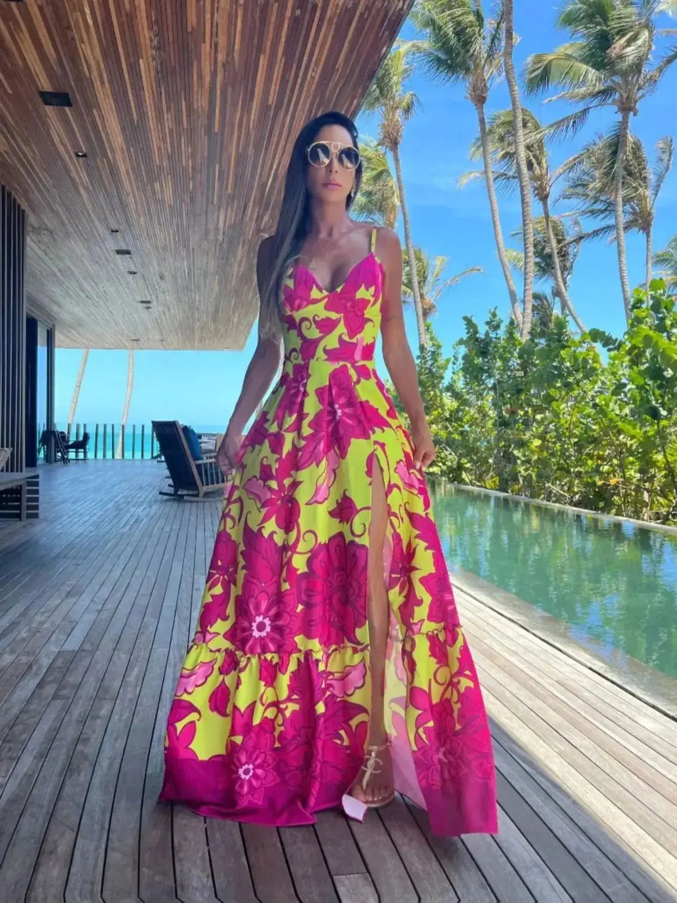 2024 Summer Print Long Dress Women Clothing Lace Up Sling Party Dresses Pattern Strappy Ladies Hollow Out V-Neck Beach Vestidos
