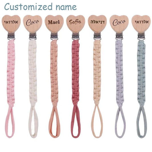 Chaîne de sucette personnalisée en bois pour bébé, avec nom, tissage, pendentif, anneau de dentition, cadeau pour nouveau-né