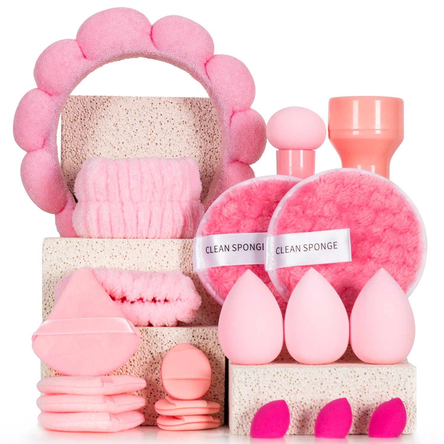 19pcs Makeup Puff and Sponge Set Makeup Tool Set Makeup Sponge Triangle Puff Finger Puff  Headband Wristband Makeup remover Puff