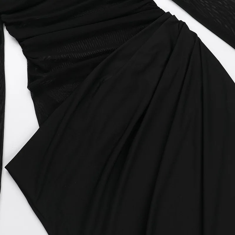 Tuularose Sexy Mesh Hollow Long Dress Women's Sexy One Shoulder Long Sleeve Patchwork Resort Dress Summer Party Evening Dress