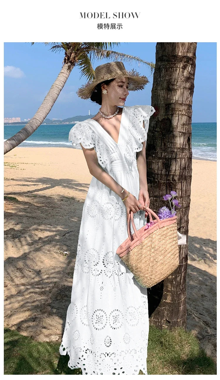 SMTHMA High Quality Hollow Out Embroidery Long Dress Women Sexy Deep V-Neck Ruffle Elegant Summer Dresses Female Clothing