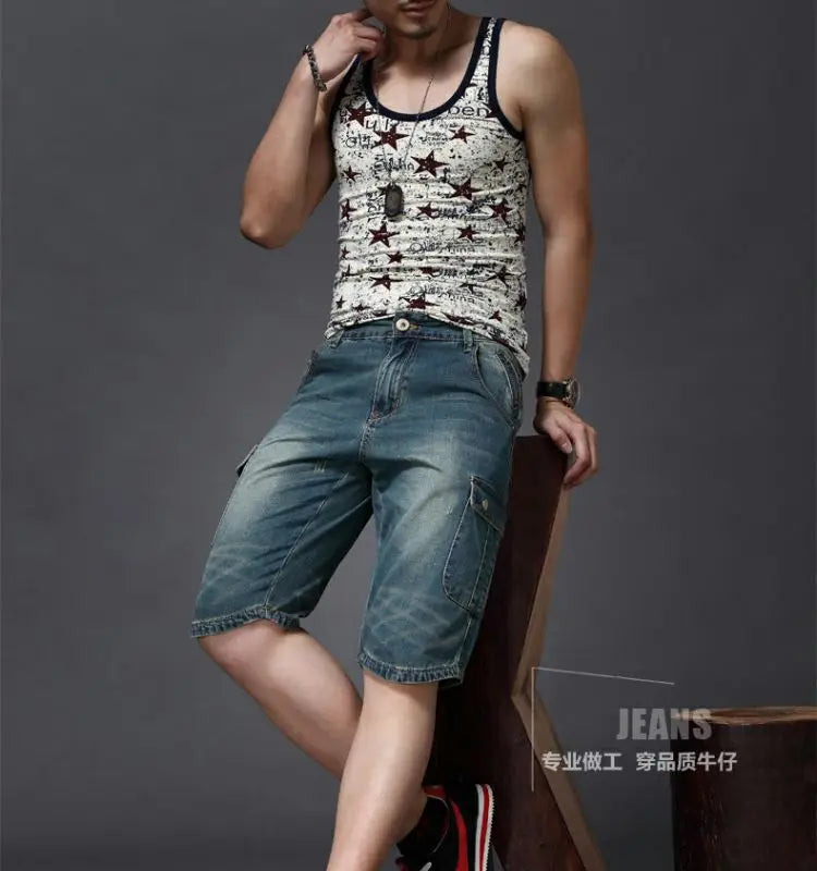 Summer Fashion Denim Jeans for Men Designer Knee Length Shorts Capri Loose Straight Leg Slim Casual Punk Workwear Cargo Shorts