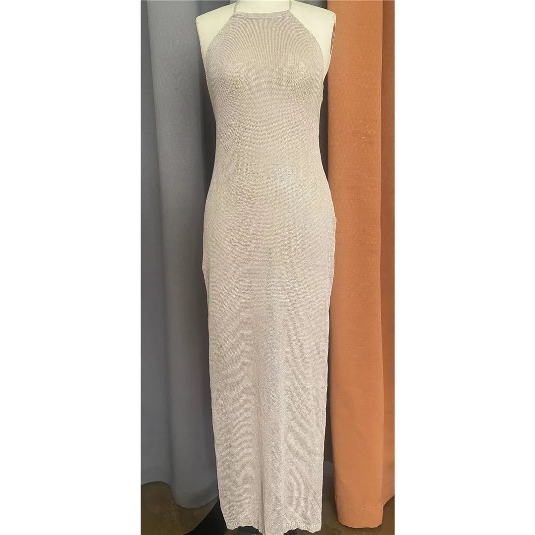 Crochet Knitted Tunic Beach Cover Up See-through Slit Halter Slip Long Dress for Women 2024 Summer Maxi Beachdress