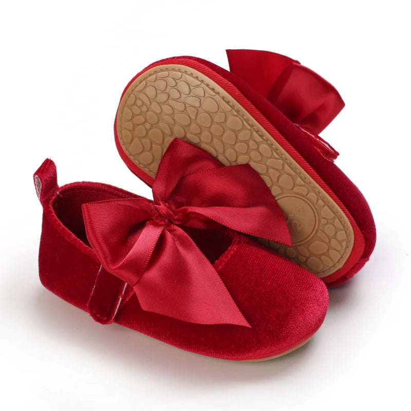 Spring and Autumn Newborn Flannelette Princess Shoes Baby Girls Bow Flat Shoes Toddler Baby Soft Rubber Sole First Walking Shoes