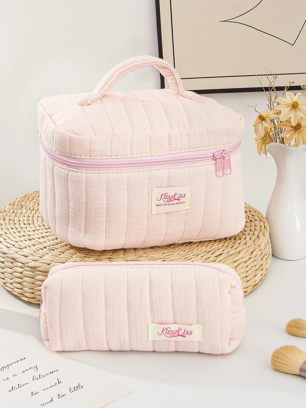 1pc/set pink quilted makeup bag, multifunctional makeup bag, handheld makeup bag, portable makeup bag set with zipper