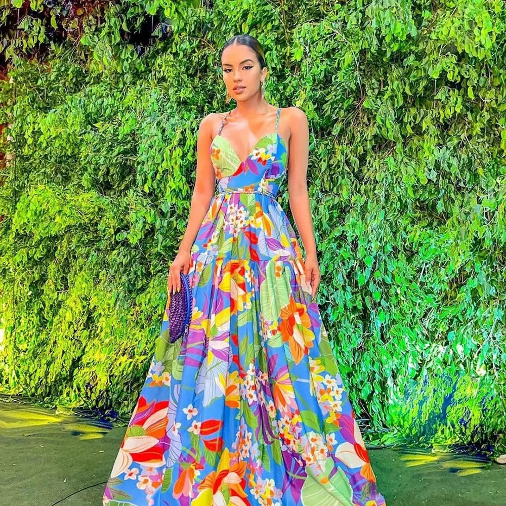 2024 New Summer Women's Clothing European American Style Off-the-shoulder Printed Dresses Oversized Tank Long Skirts