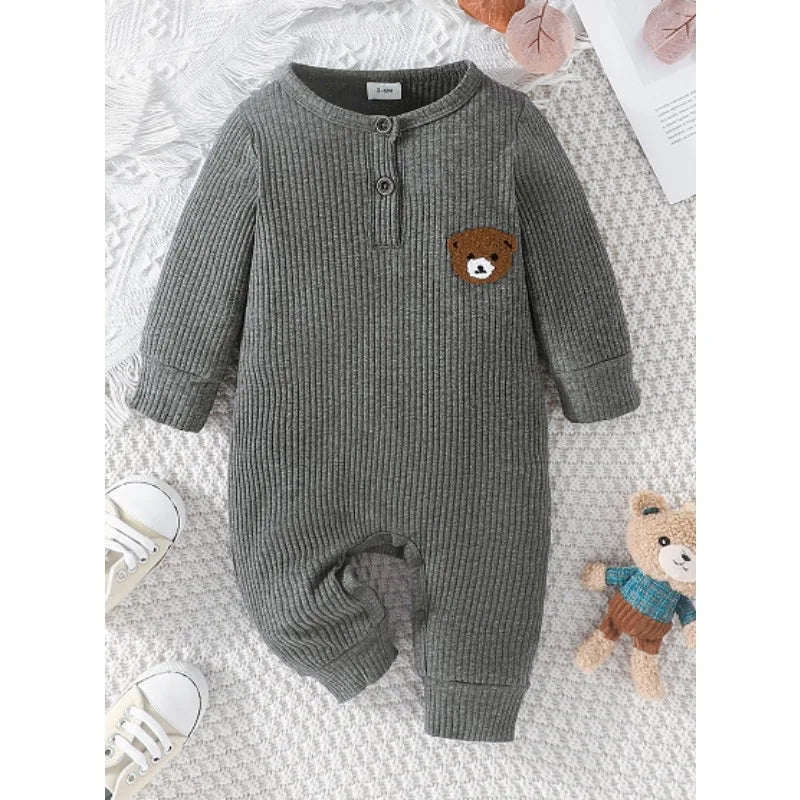 Vêtements pour nouveau-né de 0 à 18 mois, combinaison à petits boutons avec ours de dessin animé pour bébé garçon, barboteuse à manches longues pour tout-petit