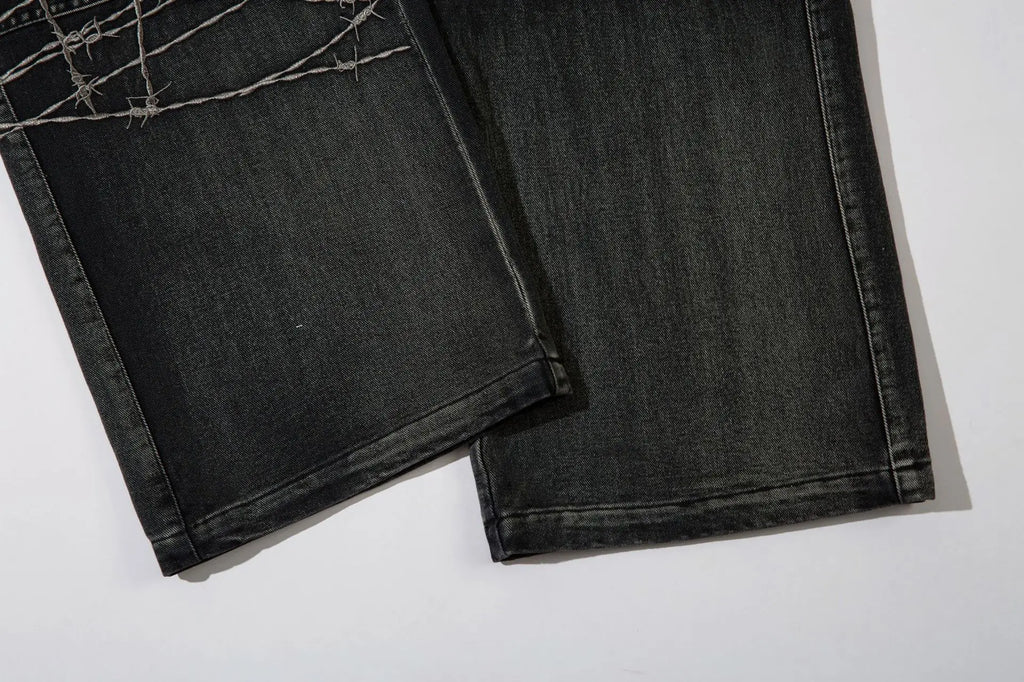 Trendy Brand American Retro Tooling Jeans Mens High Street Heavy Industry Embroidery Loose Wide-leg Trousers