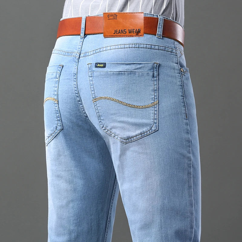 Men's Thin Jeans 2025 Summer New Style Business Casual Slim Fit Elastic Classic Style Trousers Sky Blue Pants Male size 28-40