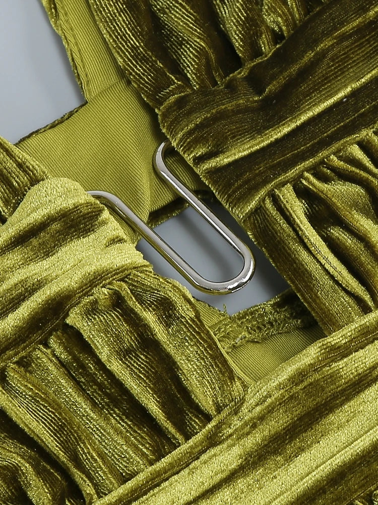 Sexy Sleeveless V Neck Hollow Out Long Dress Women Green Straps Backless High Waist Pleated Split Maxi Dress Party Evening Dres