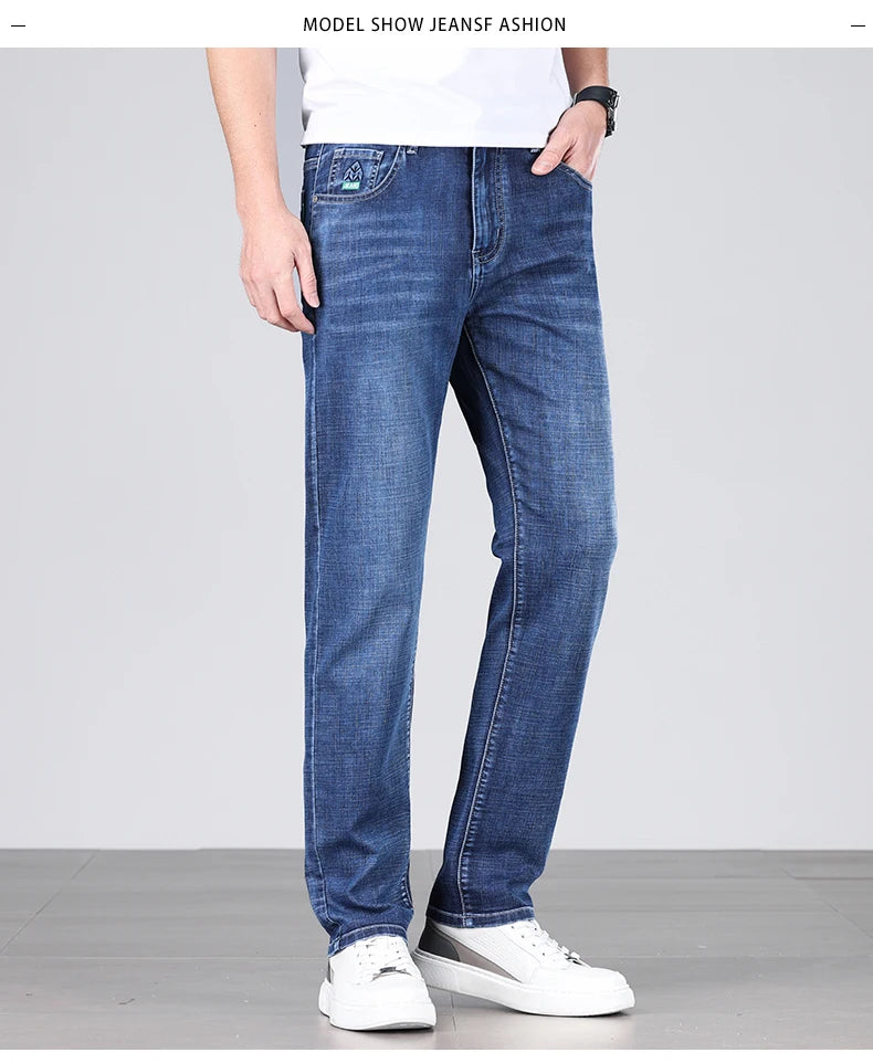Men's Ultra-thin Stretch Casual Jeans New for Summer Business Fashion Straight Baggy Denim Trousers Blue Classic Style Male