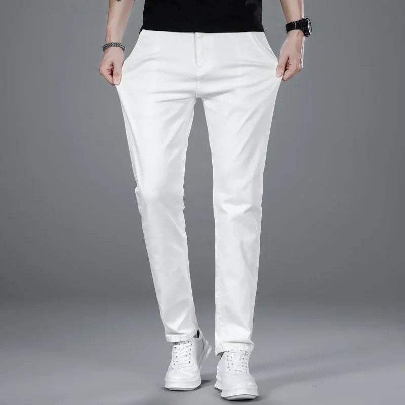 New Men's Fashion Classic Style Versatile Slim Jeans White Stretch Straight Soft Casual Denim Trousers Brand Clothing Male