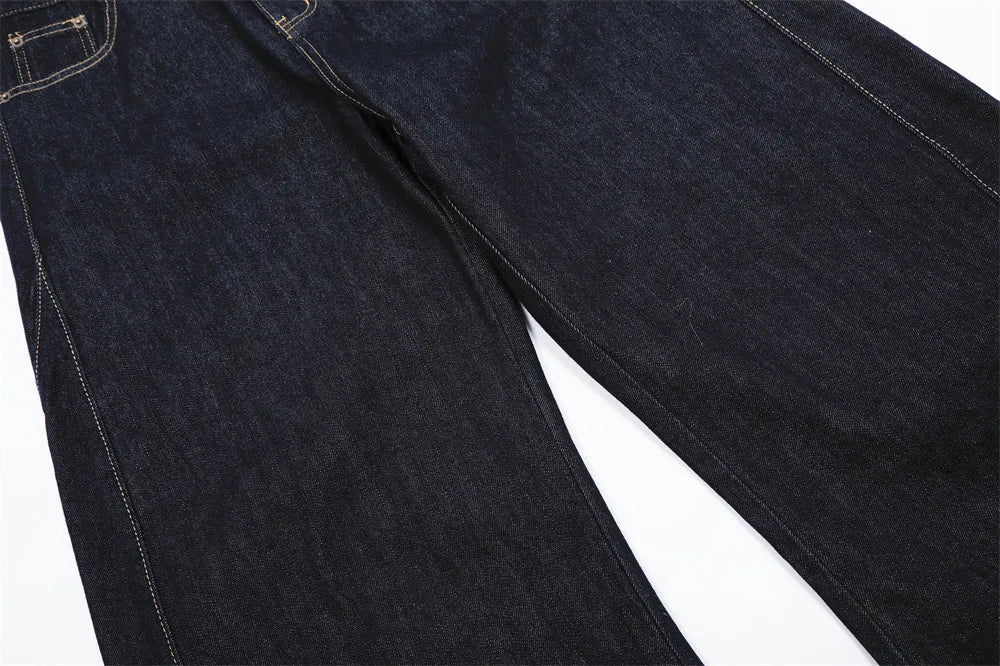 Washed Dark Jeans Men Top Stitch Retro High Street Loose Wide leg Scimitar Denim Pants Men Trousers
