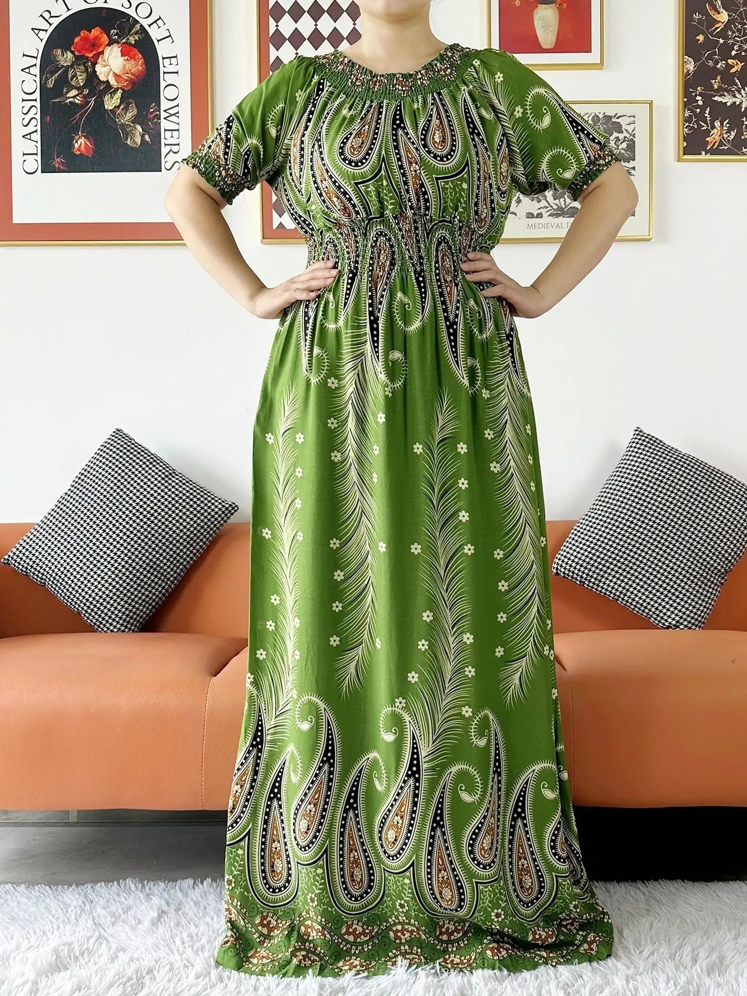 Women Party Dress Muslim Summer Short Sleeve Long Dress Collect Waist Floral Boubou Maxi Islam Women Dress African Abaya Clothes