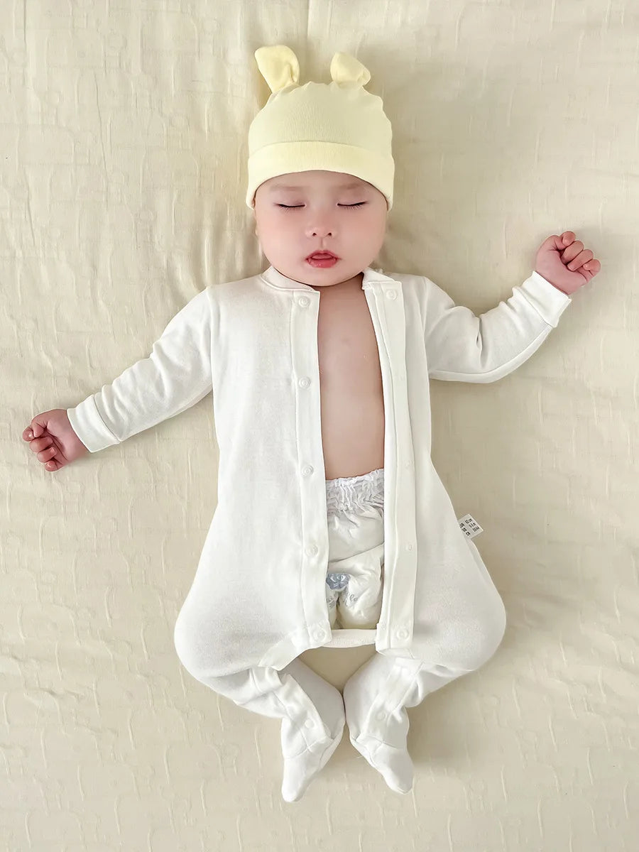 Newborn Baby Long Sleeved Solid Color Long Crawling Jumpsuit Spring Autumn Cotton Footed Infant Boys Rompers 0-1Y Boys Bodysuit
