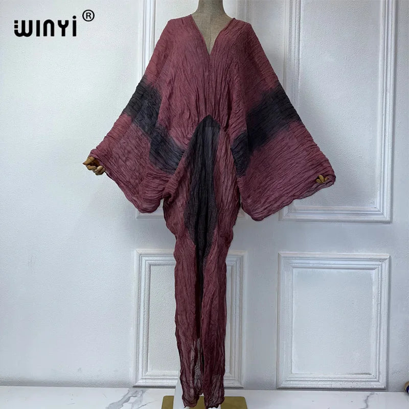 WINYI Summer Tie-dyed retro wrinkled long dress Loose robe Femme Vestidos holiday beach cover up maxi kaftan abaya dubai luxury