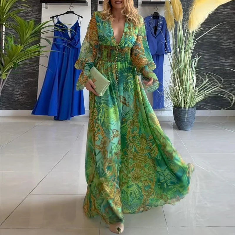 Spring Sexy Hollow V Neck Buttons Bohemian Dress Women Elegant Printed High Waist Long Dress Autumn Flare Long Sleeve Maxi Dress