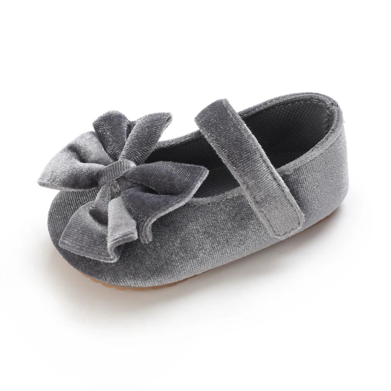 Spring and Autumn Newborn Flannelette Princess Shoes Baby Girls Bow Flat Shoes Toddler Baby Soft Rubber Sole First Walking Shoes
