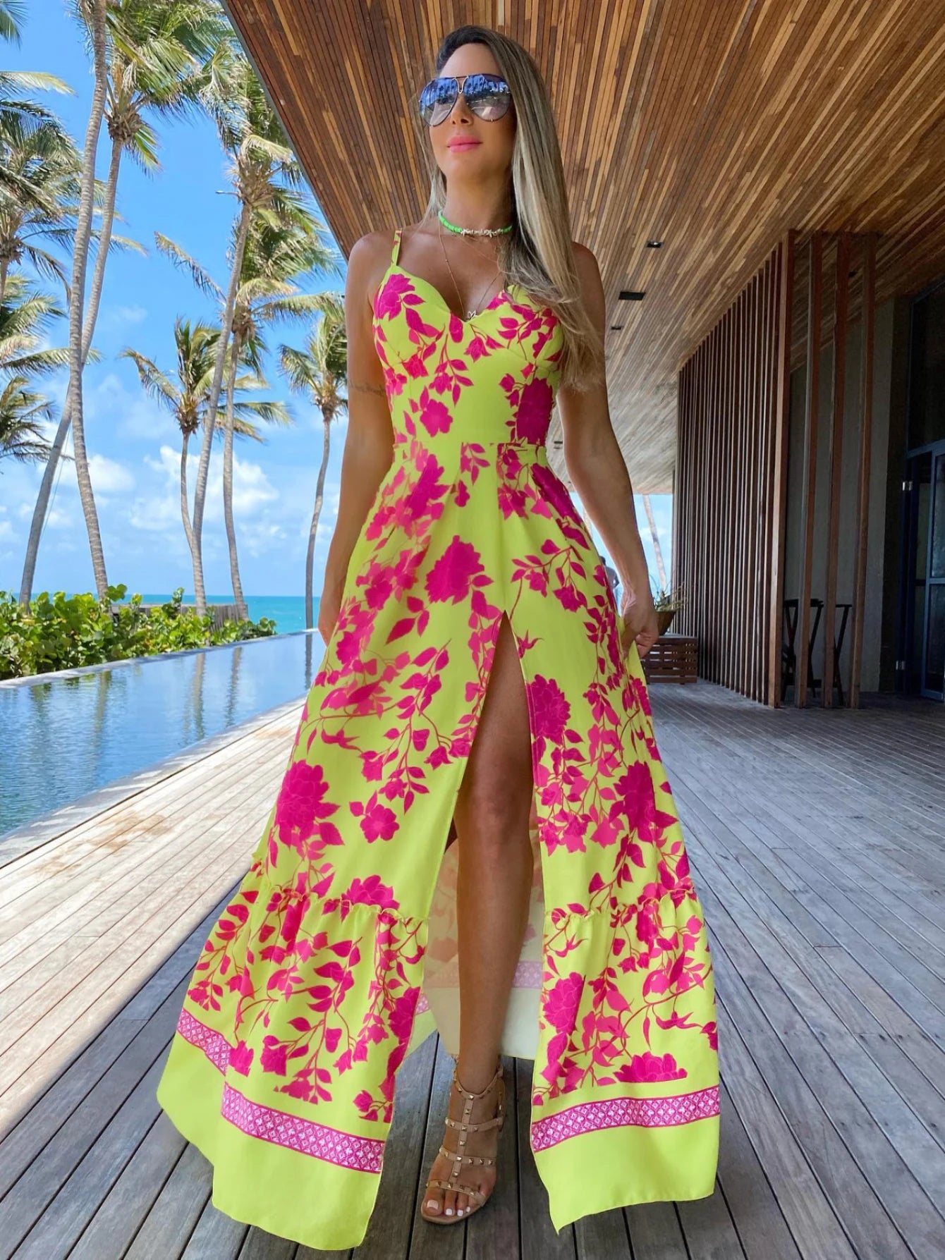 2024 Summer Print Long Dress Women Clothing Lace Up Sling Party Dresses Pattern Strappy Ladies Hollow Out V-Neck Beach Vestidos