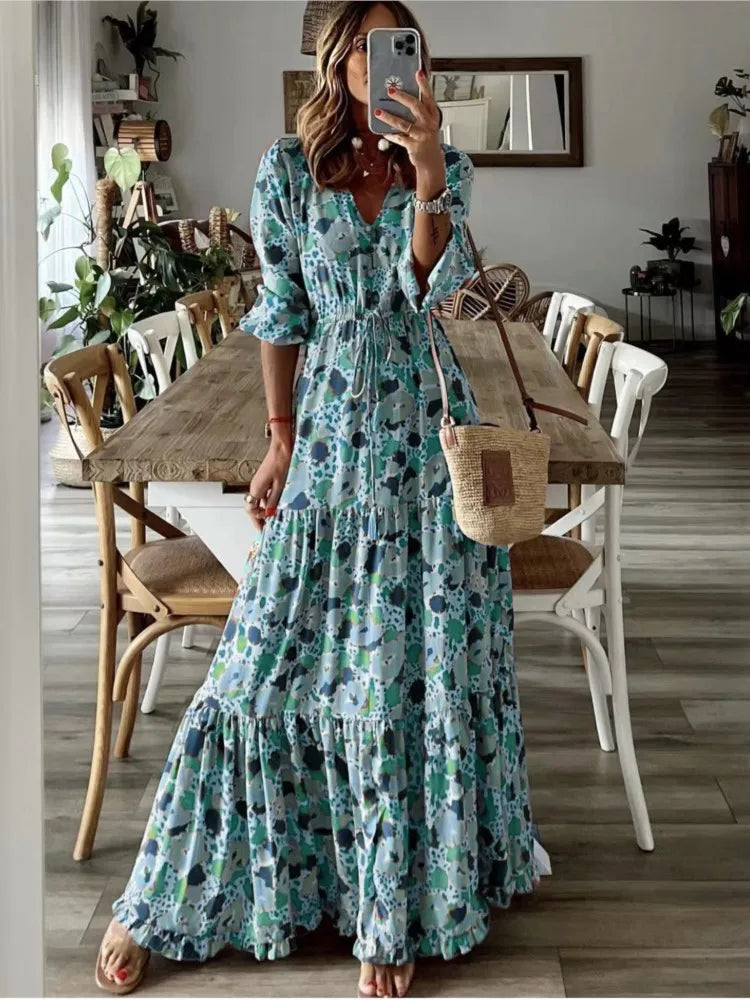 Women's Clothing Temperament Vacation Sexy V-neck Fashionable Printed Lace Up Seven Quarter Sleeve Large Swing Long Dress