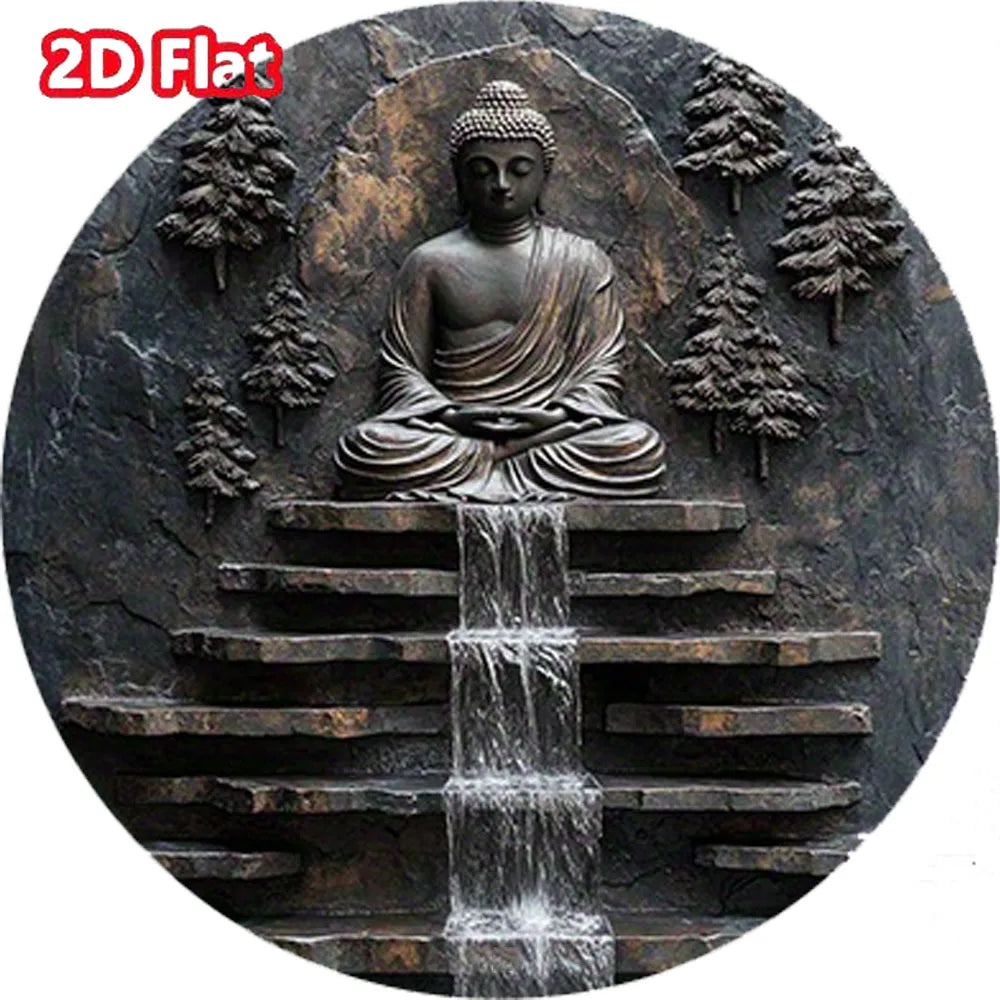 Décoration murale en métal représentant un Bouddha en méditation vintage, avec un moine serein et une cascade. Décoration murale pour jardin