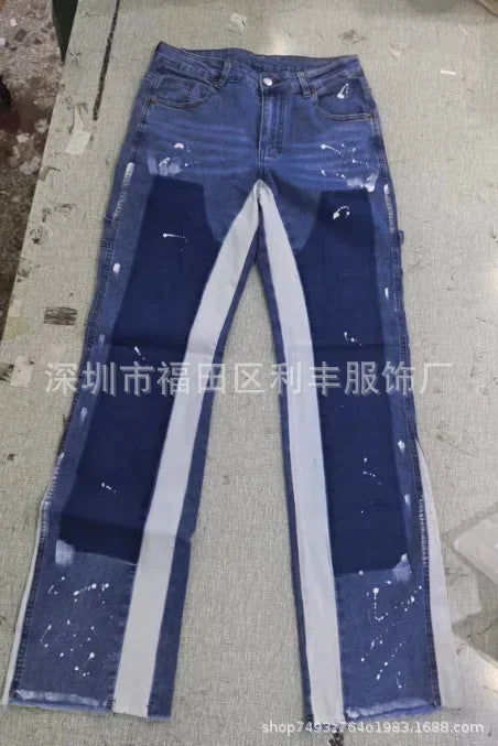 Pantalons de travail en jean pour hommes, vêtements de travail européens et américains, pantalons évasés en denim patchwork élastique superposé, tailles S à XXL