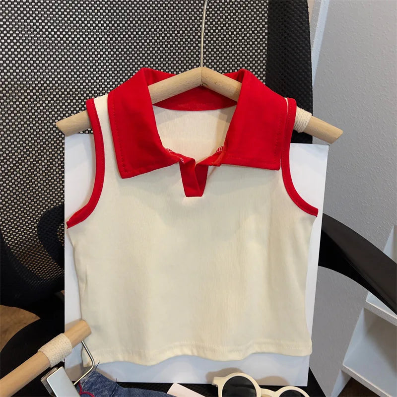 Children's Clothing Sets Lapel Sleeveless Top + Flip Cherry Embroidered Denim Shorts 2pcs Girls Clothes Set 2 To 7 Years
