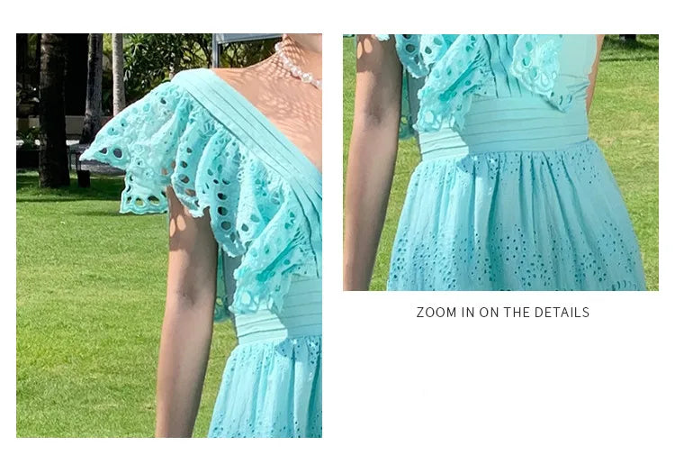 SMTHMA High Quality Hollow Out Embroidery Long Dress Women Sexy Deep V-Neck Ruffle Elegant Summer Dresses Female Clothing