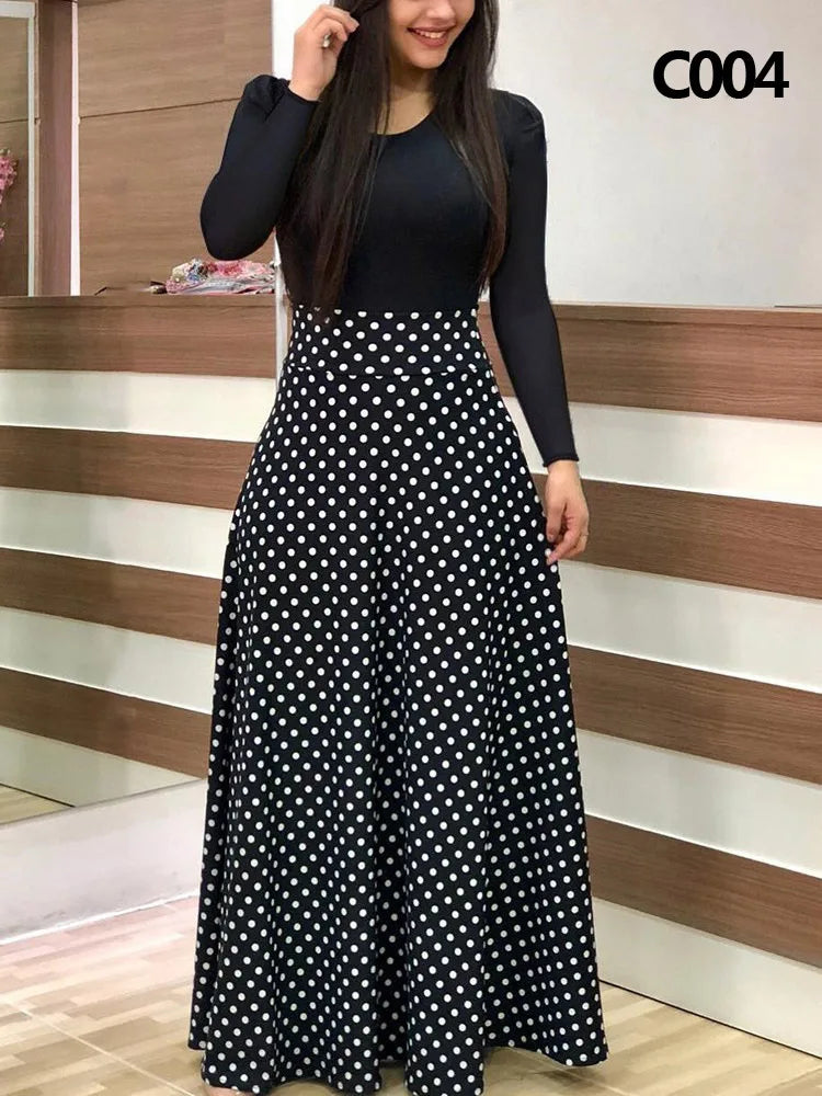 Elegant Women's Long Dress Flower Retro Printed Patchwork Long Sleeve Banquet Maxi Robe S-5XL