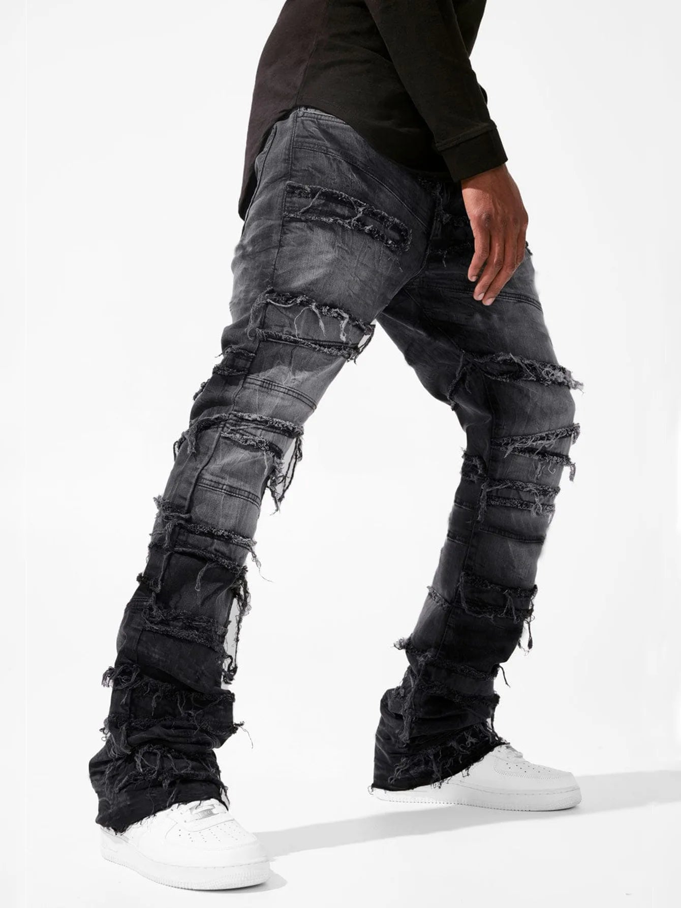 New Men's Patchwork Denim Pants Stacked Jeans Ripped Washed Frayed Pants Vintage Street Style Slim Fit Straight Trousers for Men