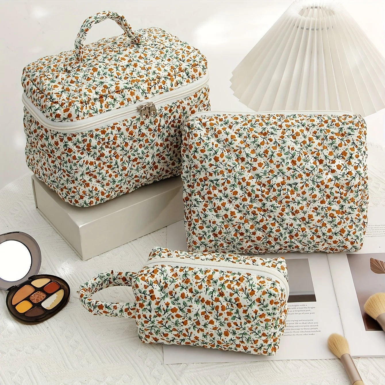 3 Pcs Cotton Quilted Makeup Bag Set,Floral Makeup Bag, Travel Makeup Bag,Large Toiletry Cosmetic Bag Makeup Bag Organizer