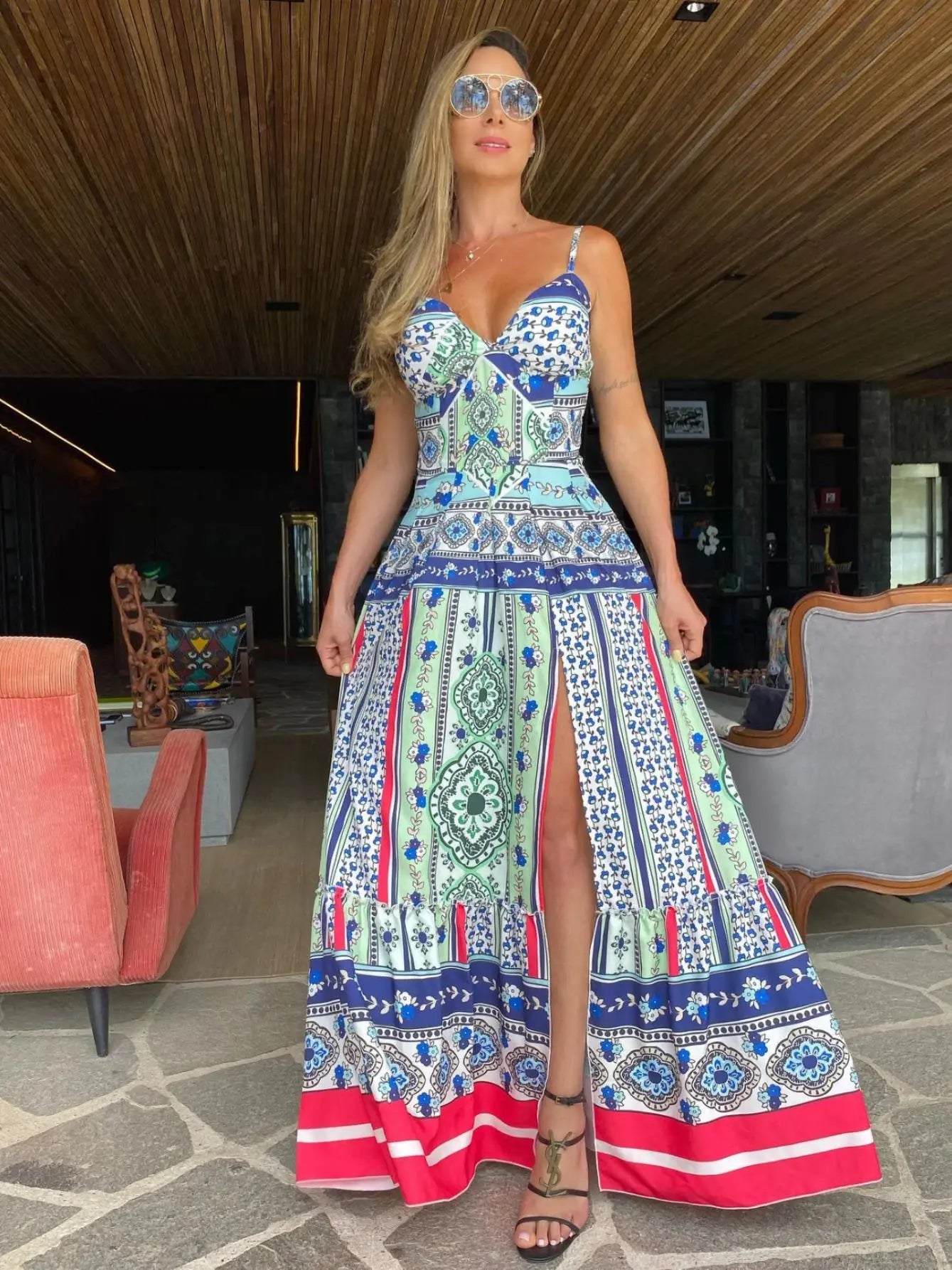 2024 Summer Print Long Dress Women Clothing Lace Up Sling Party Dresses Pattern Strappy Ladies Hollow Out V-Neck Beach Vestidos