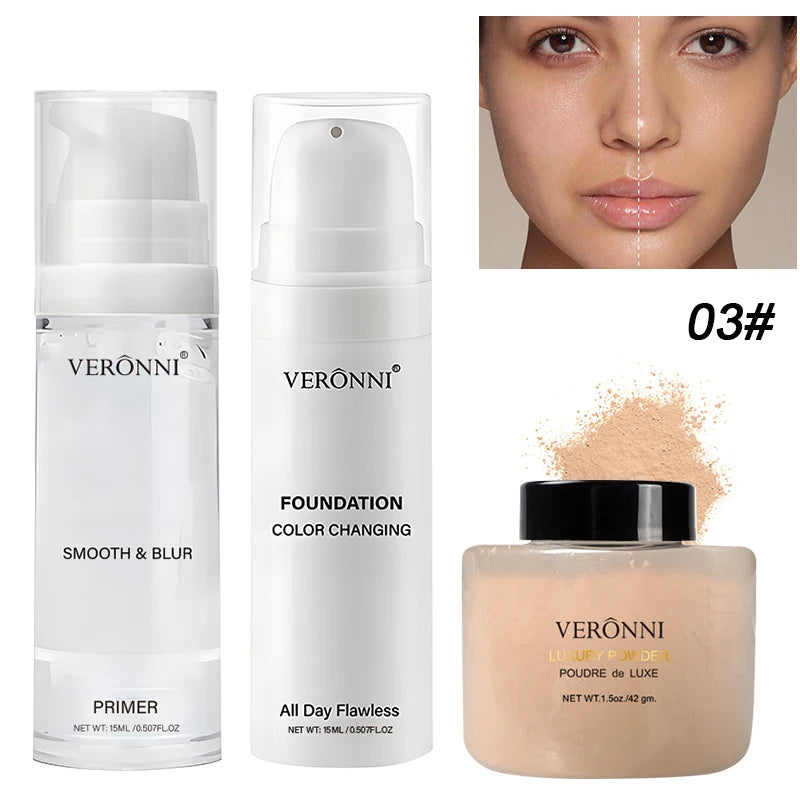 3pcs Face Makeup Kit Include 15ml Full Coverage Liquid Foundation Hydrating Makeup Primer and Loose Powder,Sweat-resistant