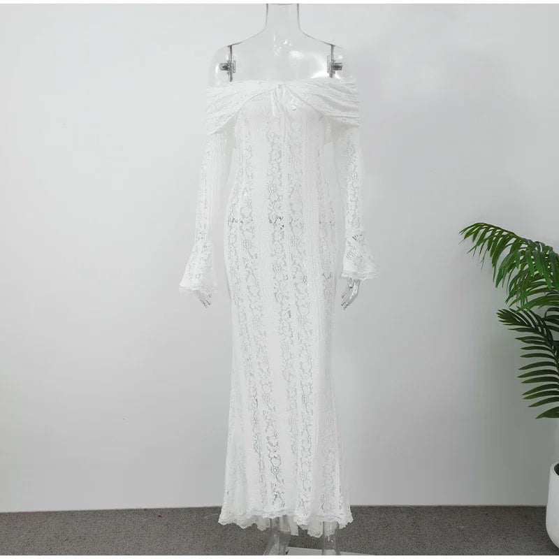 Sexy Women Hollow Out Slash Neck Lace Flared Sleeve Long Dress Elegant Laced Up Slim Fit Robes New Lady Evening Party Vestidos