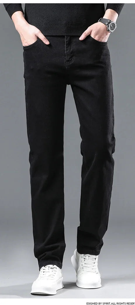 2025 Spring New Men's Straight Jeans Elastic Pant Classic Smoke Gray Casual Wear Mid Waist Casual Trousers Black Male Brand