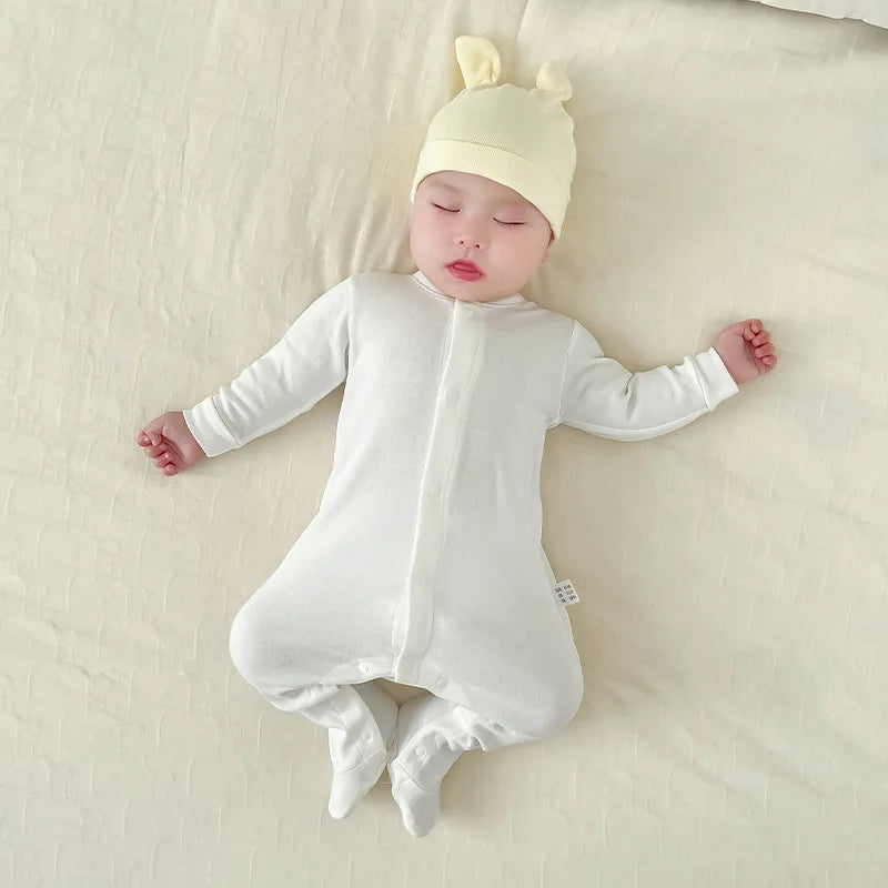 Newborn Baby Long Sleeved Solid Color Long Crawling Jumpsuit Spring Autumn Cotton Footed Infant Boys Rompers 0-1Y Boys Bodysuit