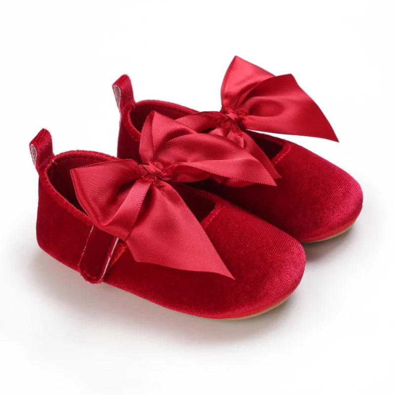 Spring and Autumn Newborn Flannelette Princess Shoes Baby Girls Bow Flat Shoes Toddler Baby Soft Rubber Sole First Walking Shoes